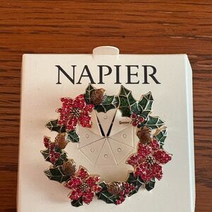 Napier Festive Floral Wreath Brooch with Red and Green